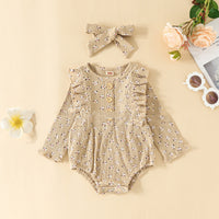 Girls' Fashion Simple Cotton Sunken Stripe Full Printing Long-sleeved Triangle Romper