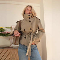 Womens Buttoned Waist-Cinching Lace-Up Trench Coat