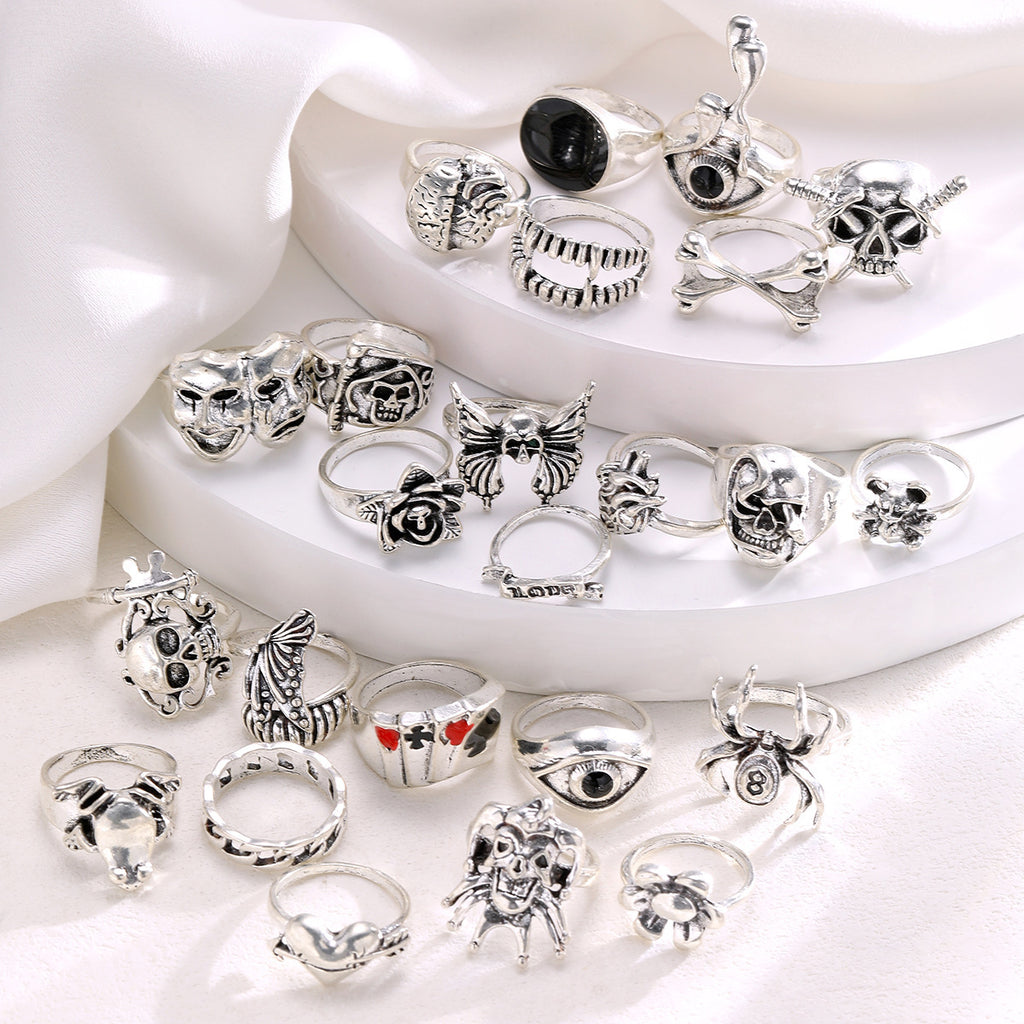 Cross-border Dark Hip Hop Skull Spider Card High Profile Retro Ring 24-piece Set Punk Ring Ornament