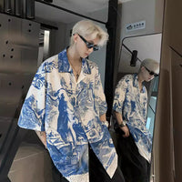 Vacation Style Cuba Bow Tie American Embossed Printed Ice Silk Shirt