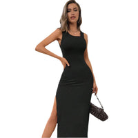 Solid-color Thigh-slit Lace-up Backless Dress