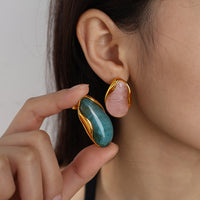 Retro Irregular Amber Powder-white-blue Gradient Gold-edge Earrings With Gold Trim - Non-fading, 18K Gold Plated, Unique Ear Jewelry For The Fashion-forward.