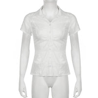 French Style Polo Collar Pleated Design Slim Fit Short Sleeve White Shirt
