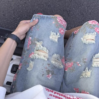 Retro Rose Floral Ripped Denim Shorts