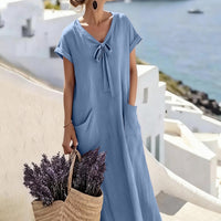 Casual V Neck Lace Up Solid Color Womens Dress