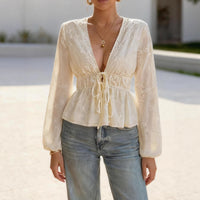 Solid-color Lace-up Waist-defined V-neck Elegant Figure-flattering Puffed-sleeve Top