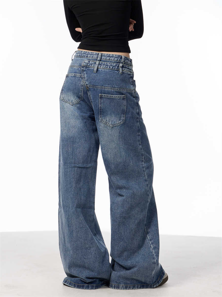 Irregular Breasted Washed Straight Jeans Blue Loose Wide Leg Pants