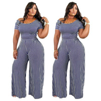 Womens Striped Printed Wide-Neck Short-Sleeve Fashionable Loose Casual Set