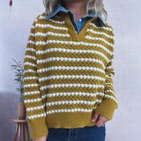 Women's Denim Patchwork Lapel Knitted Stripe Color Block Fake Two-piece Sweater