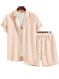 Men's Solid Color Lapel Short-Sleeve Shirt And Shorts Set