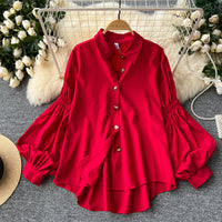 Pleated Lantern-sleeve Single-breasted Loose-fitting Versatile Shirt