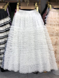 New Colorful Sweet Age-reducing Pleated Solid-color Mesh Midi Puff Skirt