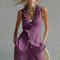 Linen Blend Sleeveless Vest Top Button-Front V-Neck Blouse For Women