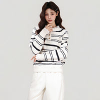Autumn And Winter Lace Ruffle Color Block Stripe Thickened Knit Sweater