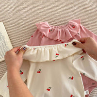 Ruffled Collar Bottom-covering Rompers Newborn 0-2 Years Old Cherry Print Long Sleeve Jumpsuit