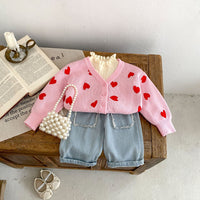 Autumn Baby Girl Infant Children's Pink Heart-shaped Large V-neck Knitted Coat Cardigan Cute Sweater