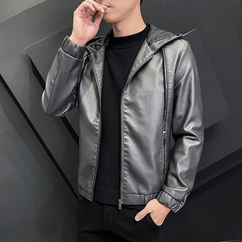 Black Wall Leather Trendy Hooded Teen Jacket Coat