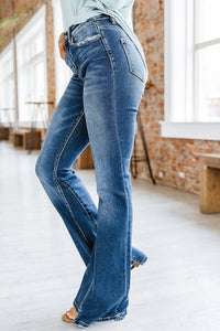 Washed High Waist Jeans Paneled Women's Flare