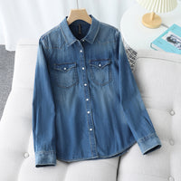 Retro Soft Denim Double-pocket Shirt With Distressed Design