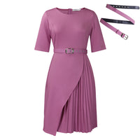 Solid-color Stylish And Elegant Midi Skirt Featuring A High-rise Waist Pleated Detailing And Three-quarter-length Sleeves