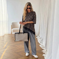 Women's Printed Leopard-Print Patchwork Lace Loose Short-Sleeve Top