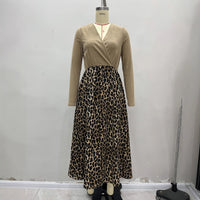 V-neck Spliced Drapey Fabric Leopard Print Long-Sleeve Dress