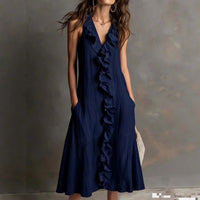 Solid-color Sleeveless Cotton-Linen V-Neck Maxi Dress With Ruffled Hem