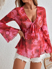 V Neck Mesh Tie Dye Resort Style Womens Top