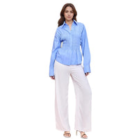 Notched-collar Top With Pleated Waist Long-sleeve Shirt For Women