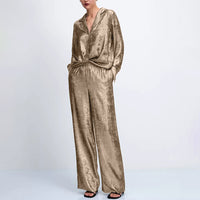Collared Long-sleeved Shirt And High-waisted Wide-leg Pants Two-piece Set