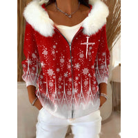 Stylish 3D Digital-Print Womens Cardigan With Faux Fur Hoodie