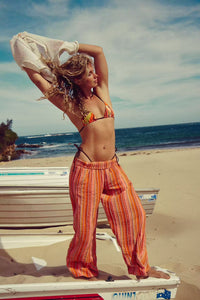 Womens Loose Casual High-waisted Striped Wide-leg Pants