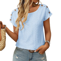 Womens Crew-neck Hollow-out Short-sleeve T-shirt
