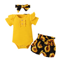 Yellow Sunken Stripe Romper Sunflower Belt Three-piece Set