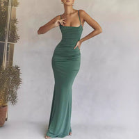 Womens Fishbone Pleated Sexy Backless Slip Mermaid Bodycon Dress