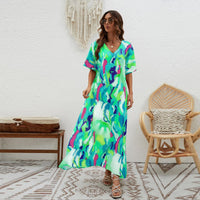 Printed High-Waisted Loose Fit Swing Dress With Short Sleeves For Women