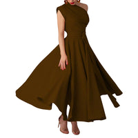 Womens Sleeveless Slash-Neck Solid Color Waist-Cinching Dress