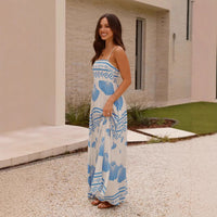 Shell-printed French-style High-waisted Full-skirted Slip Dress