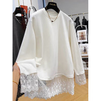 Lace-sleeved Long-sleeve T-shirt Loose-fitting Plus-size Mid-length Base Layer With Brushed Fabric