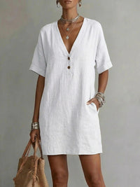 Casual Comfortable Cotton-Linen Pocket Dress With Buttons