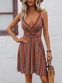 Striped Wrap Style V Neck Slip Dress With Thin Shoulder Straps And Elastic Back Straps