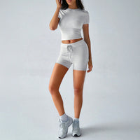 Yoga Active Wear Solid-Color Short-Sleeve Drawstring Shorts Set