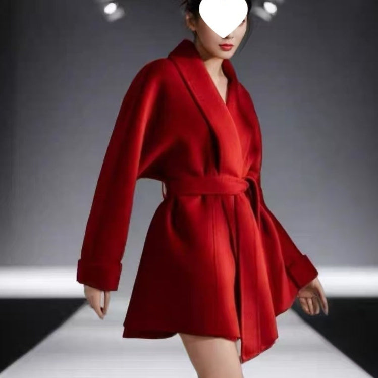 Red Autumn And Winter Bathrobe Style Reversible Cashmere Coat Women