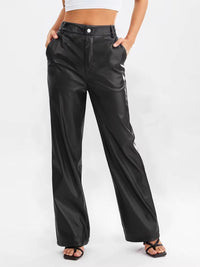 Women's Casual Loose-fit Leather Pants High Waist