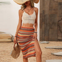Bohemian Stretch Knit Jacquard Vacation-style Slit Skirt