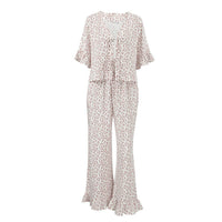 Leopard-print Cotton Ruffle-trimmed Short-sleeve Pajama Set With Long Pants