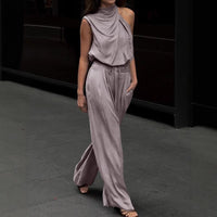 Womens Fashion Solid Color Turtleneck Sleeveless Top High-Waist Straight-Leg Wide-Leg Pants Set