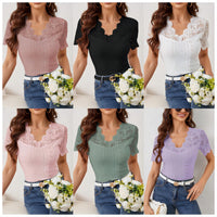 New Fan-shaped Front And Back V-neck Lace Stitching Slim Fit Slimming T-shirt Short Sleeve