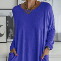Spring And Summer New Round Neck Long Sleeve Loose Pockets Solid Color