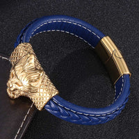 European And American-style Stainless Steel Braided Retro Animal Wolf Head Leather Bracelet